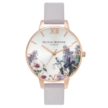 Olivia Burton Secret Garden Demi Dial Silver Sunray & Grey-Lilac Leather Band Women's Watch